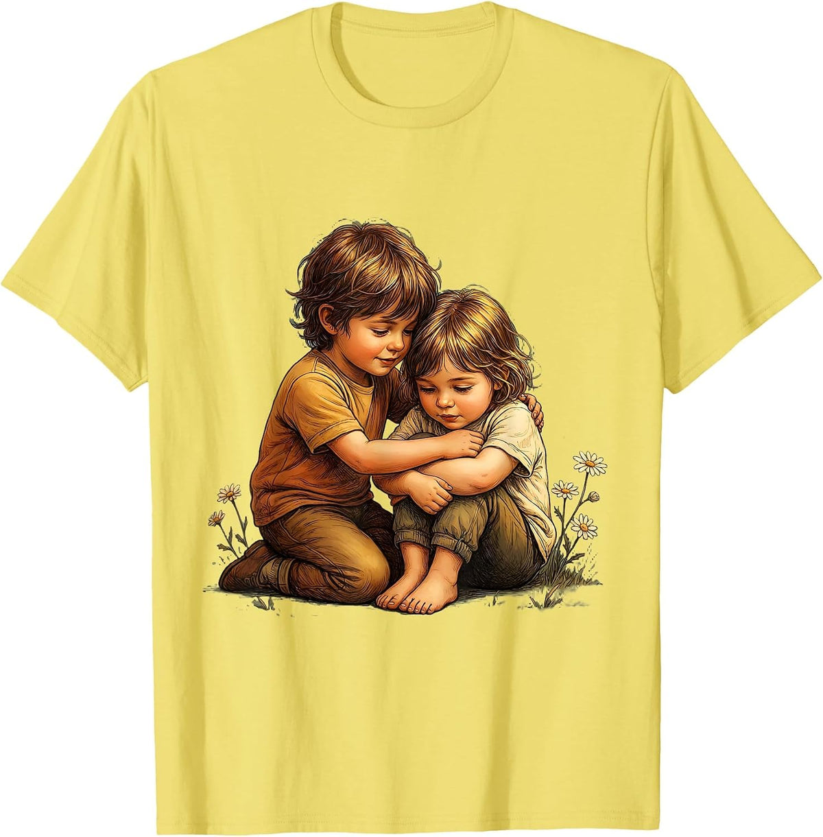 Men's Kindness in Action Child Comforting Friend Design T-Shirt - Lemon Yellow