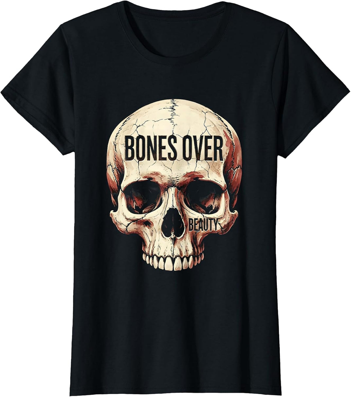 Bones Over Beauty Bold Graphic Design T-Shirt - Black