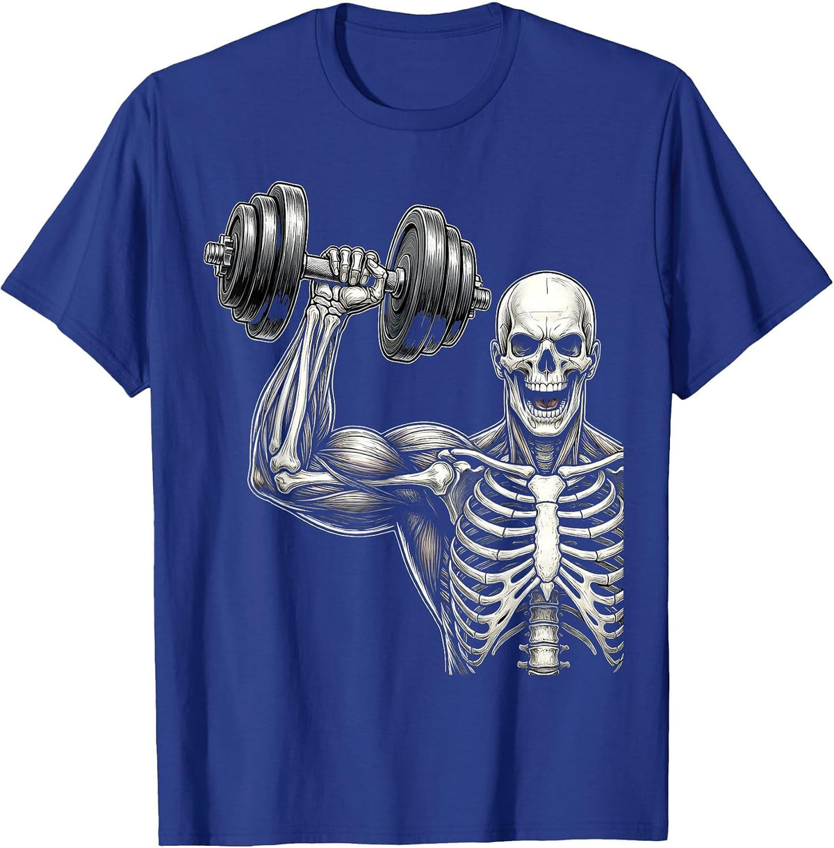 Skeleton Flexing Bicep Curl Gym Graphic T-Shirt - Royal Blue