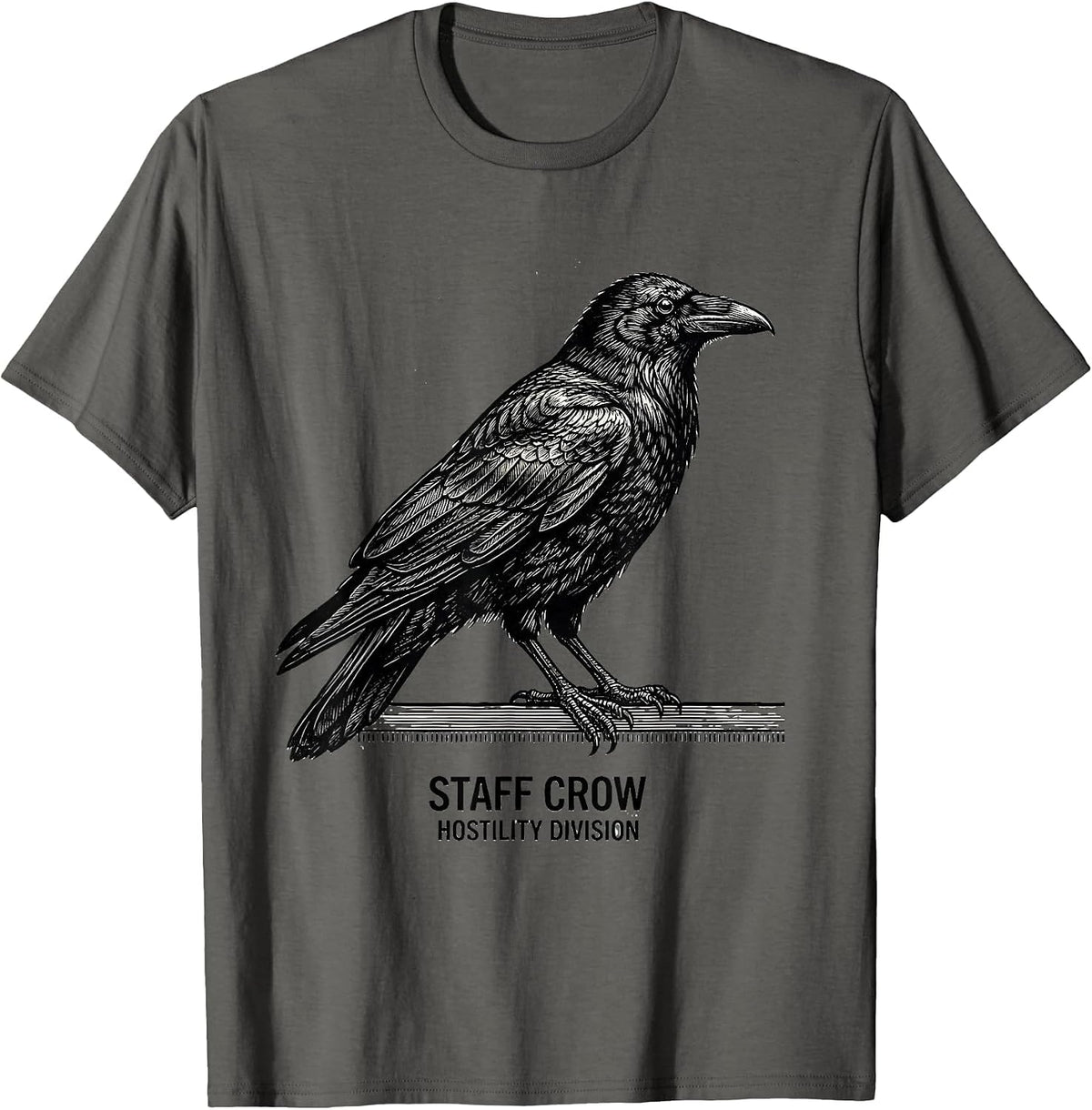 Men's STAFF CROW HOSTILITY DIVISION Funny Gothic Crow Dark Humor T-Shirt - Asphalt Grey