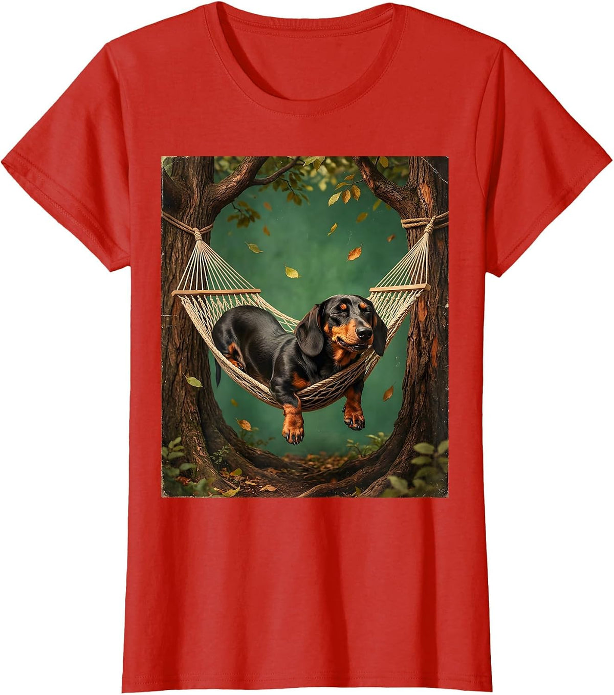 Women's Dachshund Hammock Lounging Funny Dog Graphic T-Shirt - Red
