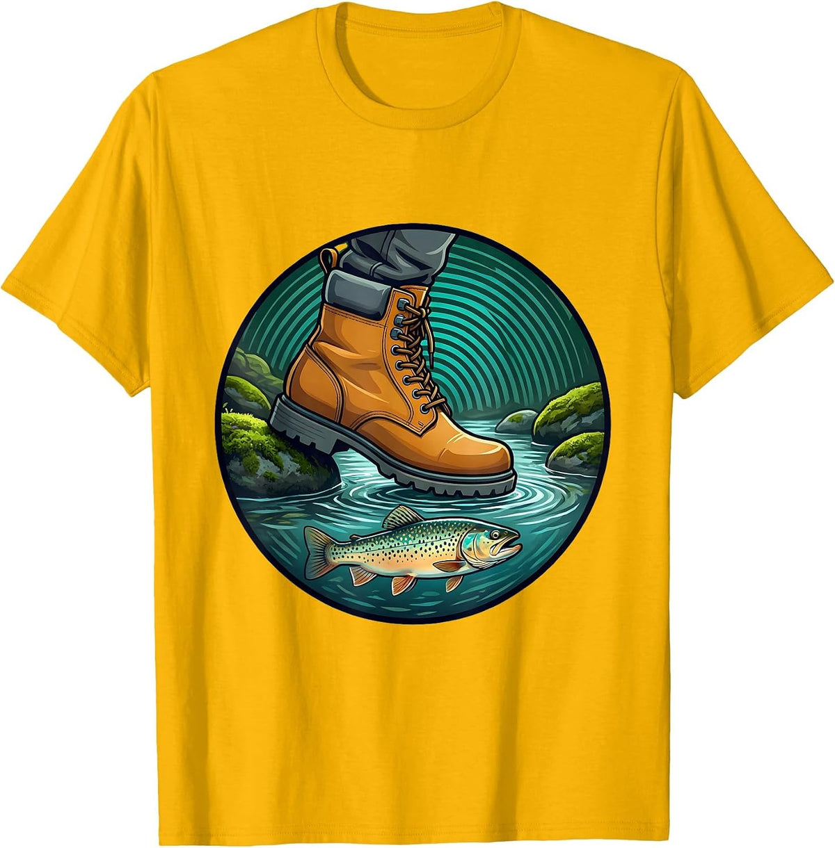 Rugged Stream Wading Trout Fishing Illustration T-Shirt - Golden Yellow