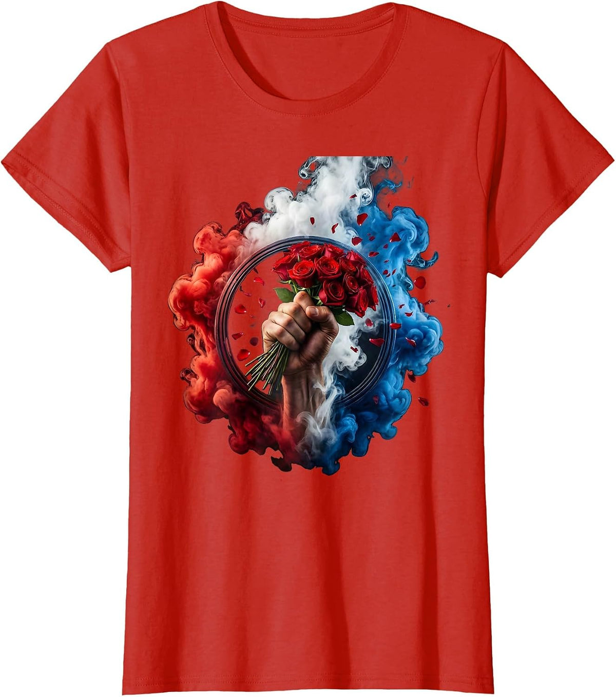 Women's Raised Fist Red Roses Patriotic Graphic Design T-Shirt - Red