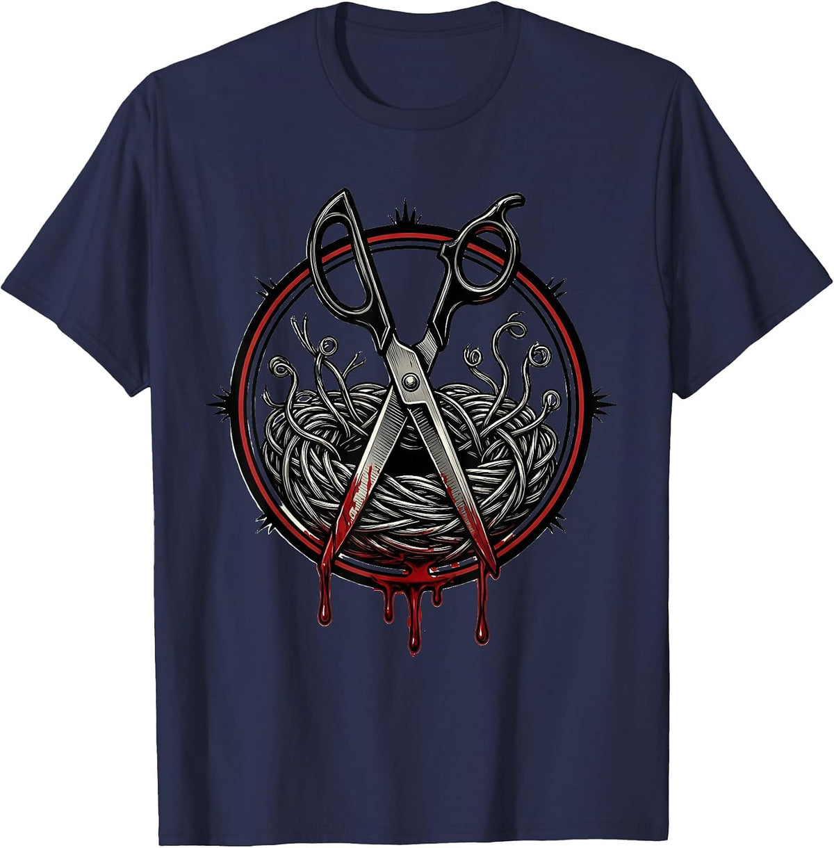 Bloody Scissors Cutting Wire Graphic Design T-Shirt - Navy Blue