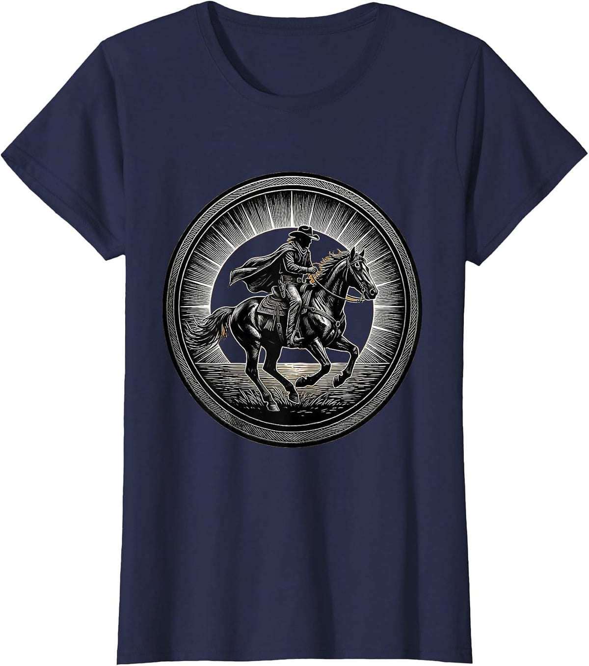 Women's Cowboy Riding Horse at Sunset Silhouette T-Shirt - Navy Blue