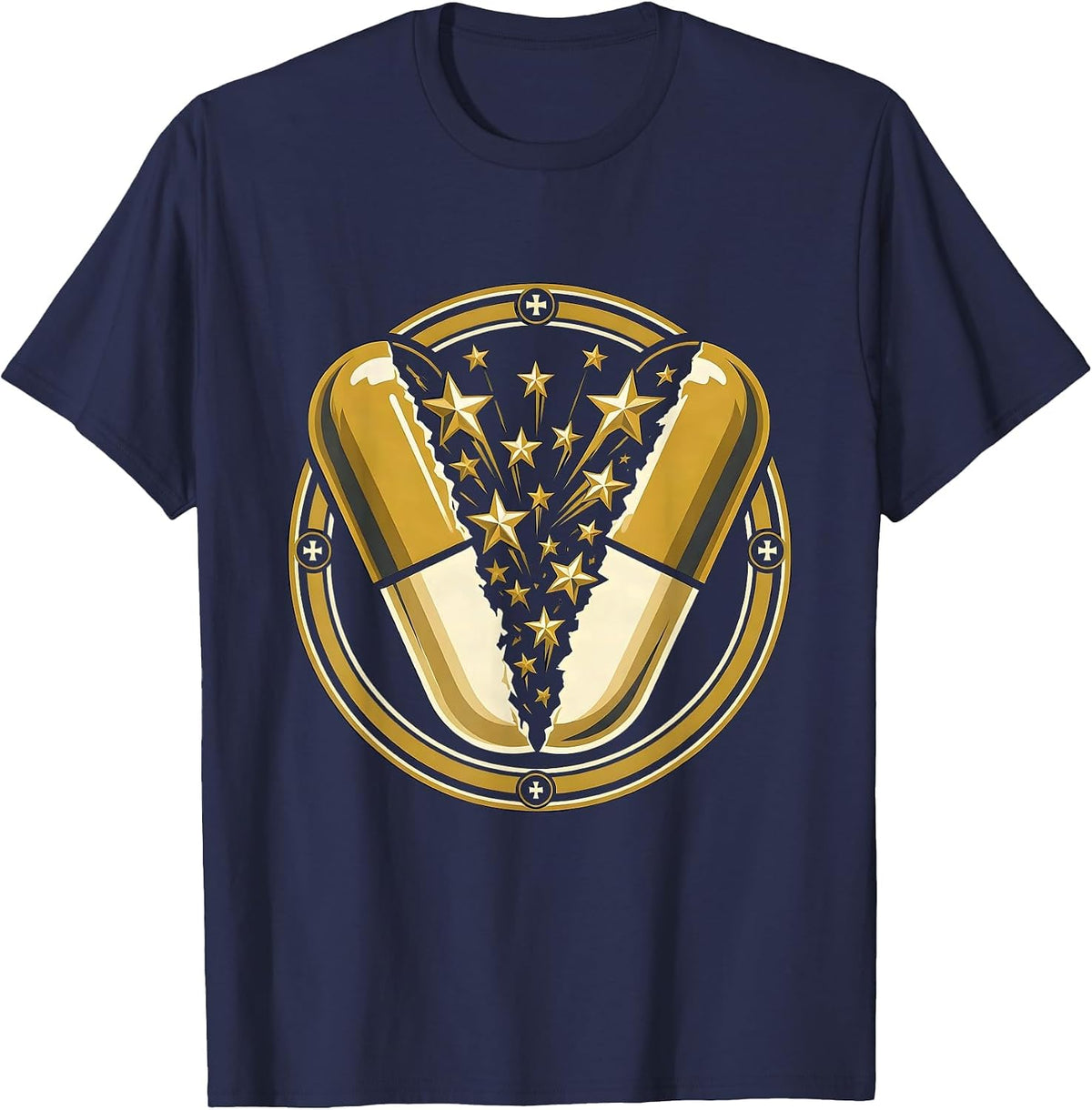 Medical Assistant Pill Capsule Stars Graphic T-Shirt - Navy Blue