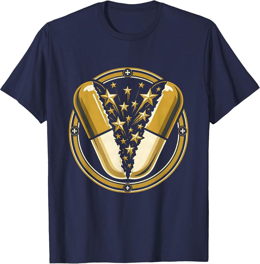 Medical Assistant Pill Capsule Stars Graphic T-Shirt - Navy Blue