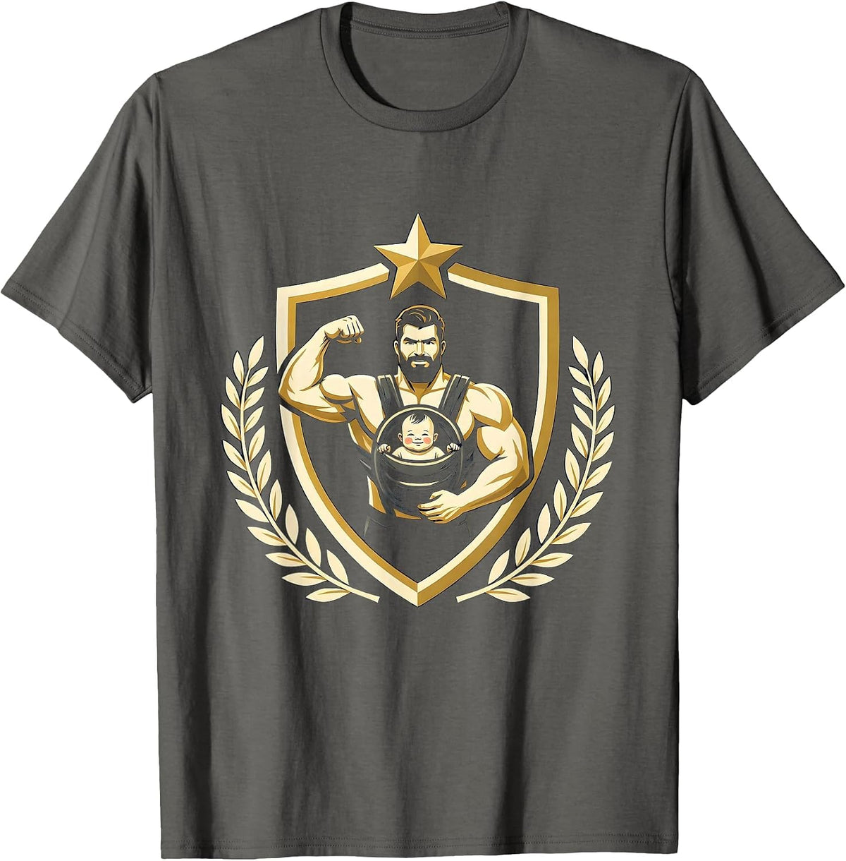 Dad Baby Carrier Bicep Curl Funny Workout Graphic T-Shirt - Asphalt Grey