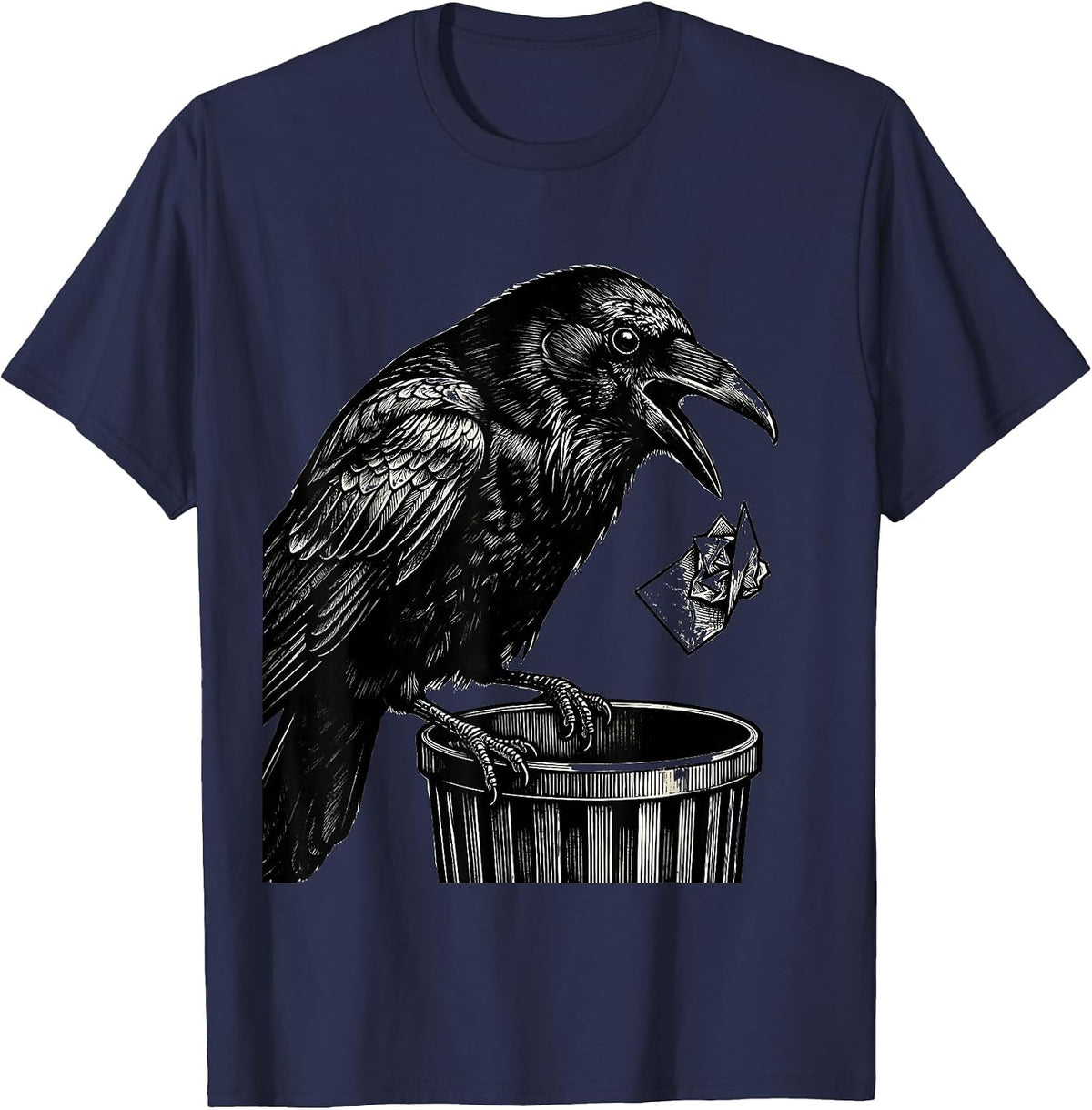 Men's Crow Dropping Pun Scratchboard Gothic Dark Humor T-Shirt - Navy Blue