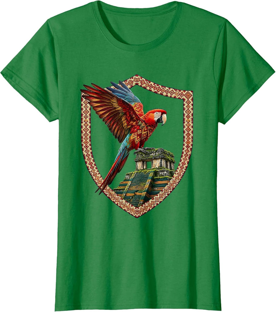 Women's Scarlet Macaw on Mossy Ruins Guatemala Design T-Shirt - Kelly Green