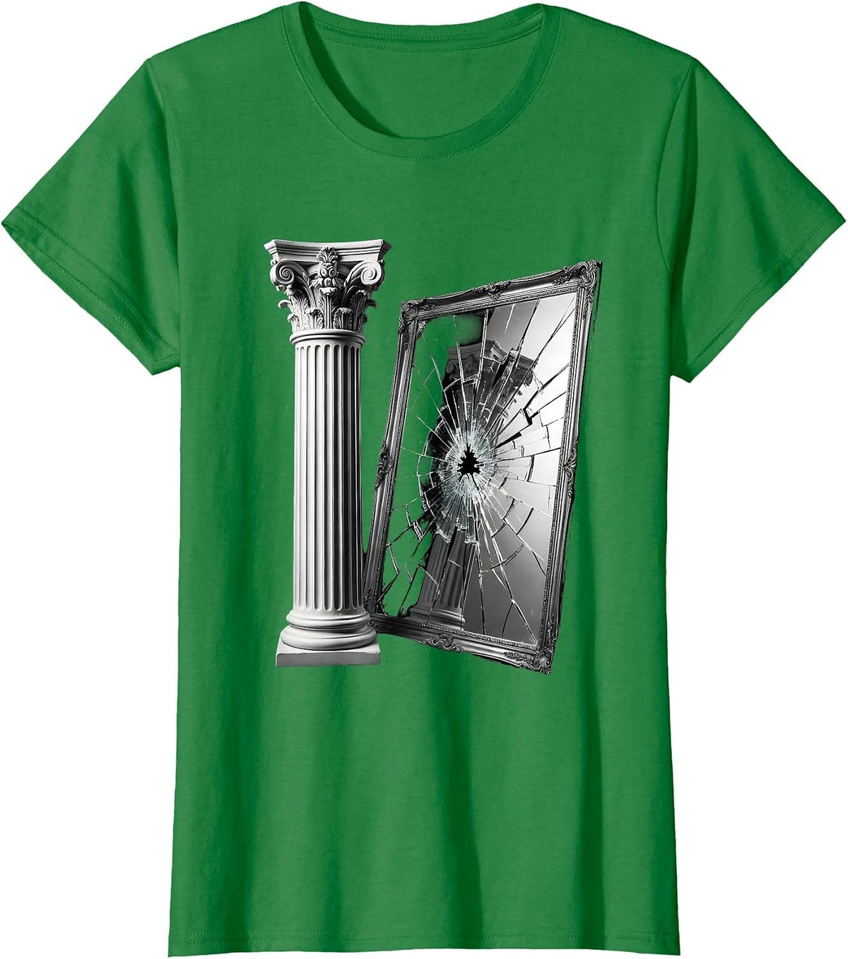 Women's Ancient Greek Column Cracked Mirror Illustration T-Shirt - Kelly Green