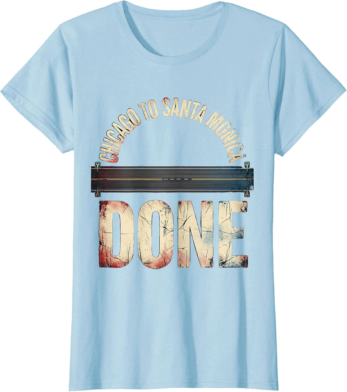 Women's Chicago To Santa Monica, Done Distressed Road Trip Classic T-Shirt - Baby Blue