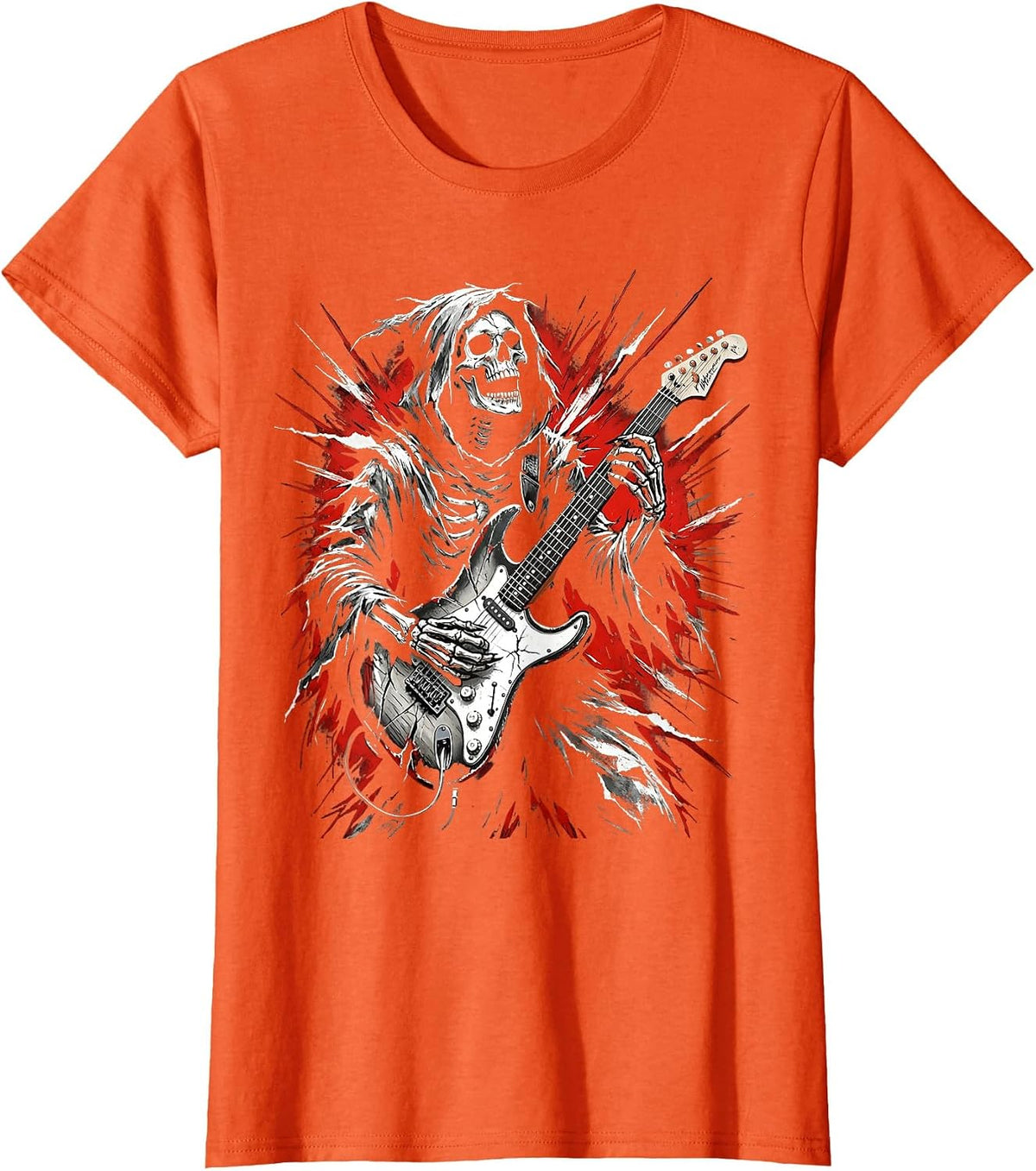 Grim Reaper Guitar Solo Heavy Metal Graphic T-Shirt - Orange