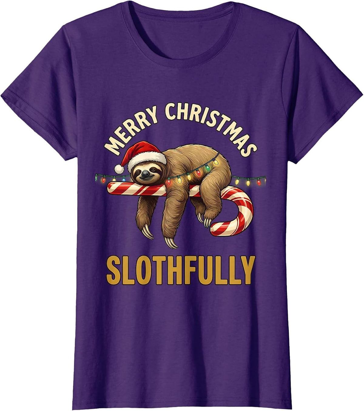 Women's Merry Christmas, Slothfully Funny Sloth Lover Christmas T-Shirt - Purple
