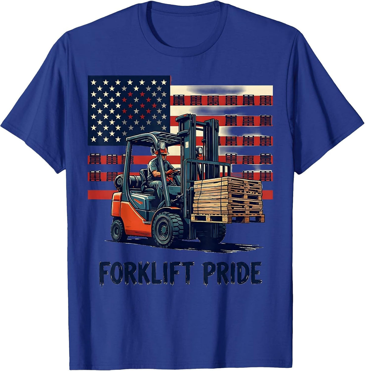 Men's Forklift Operator American Flag Patriotic Workwear T-Shirt - Royal Blue