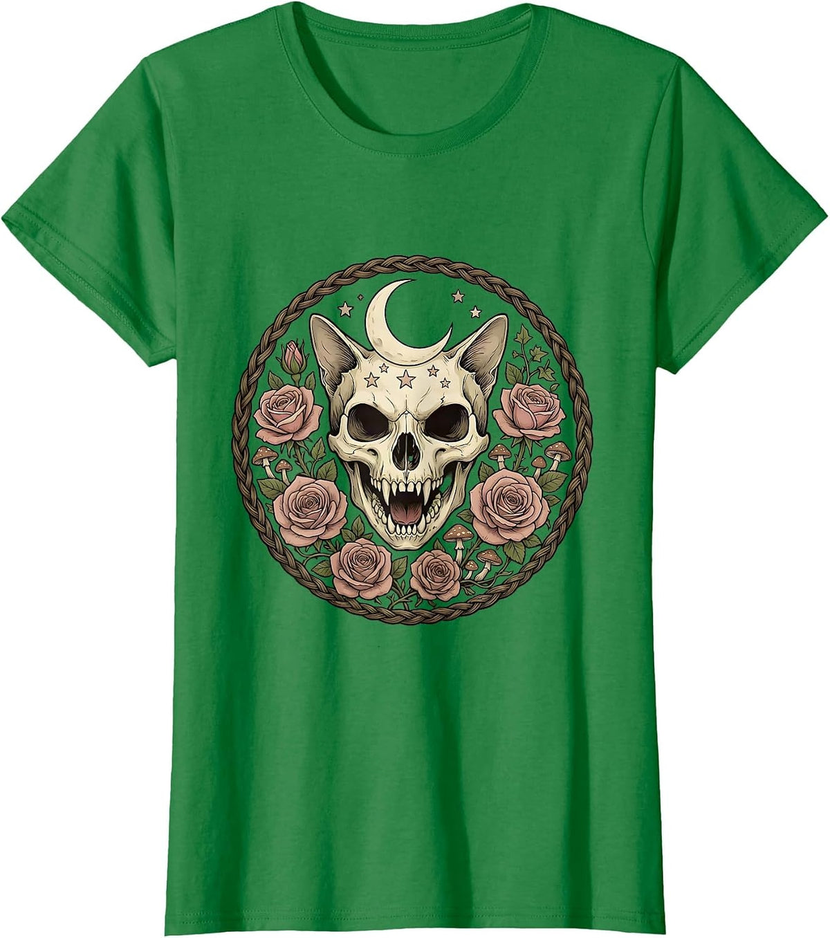 Women's Snarling Cat Skull With Roses Gothic Art T-Shirt - Kelly Green