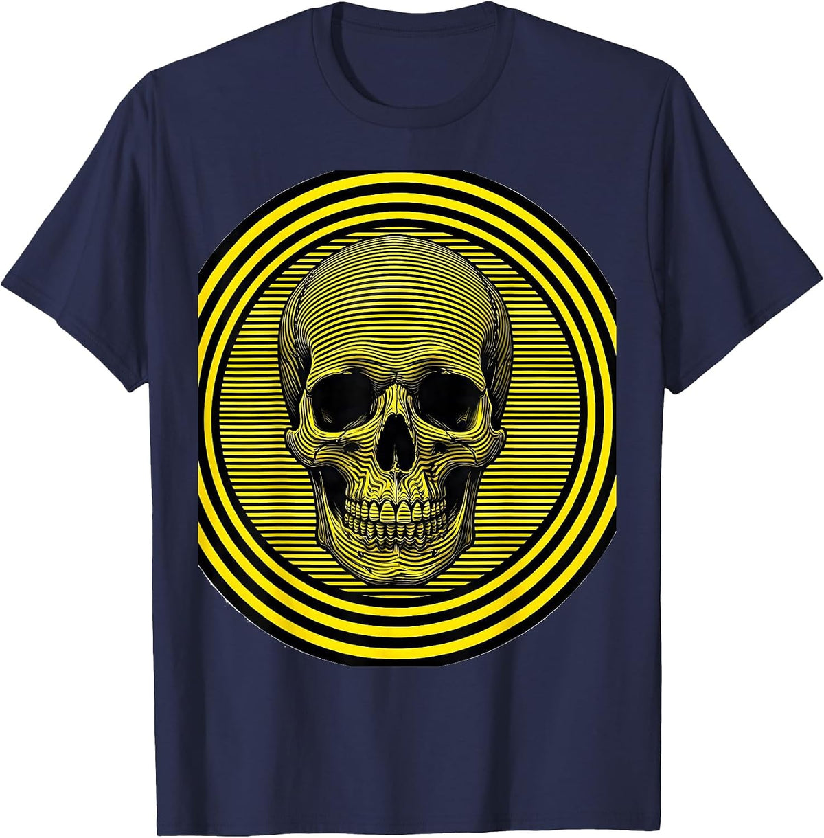 Black and Yellow Caution Skull Graphic T-Shirt - Navy Blue