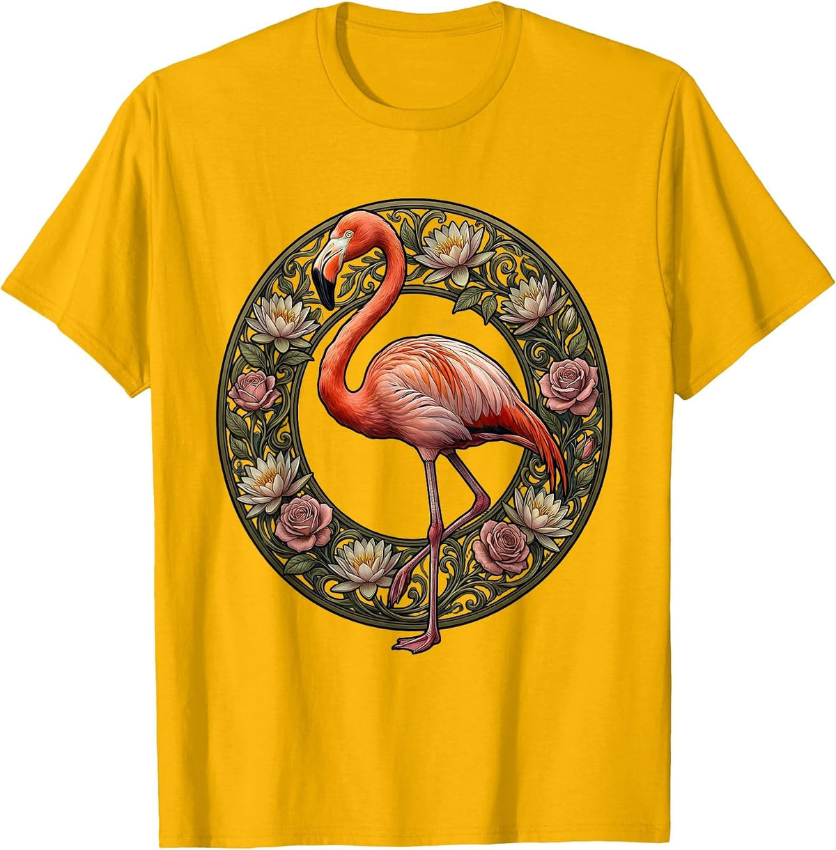 Flamingo Floral Wreath Colorful Botanical Design T-Shirt - Golden Yellow