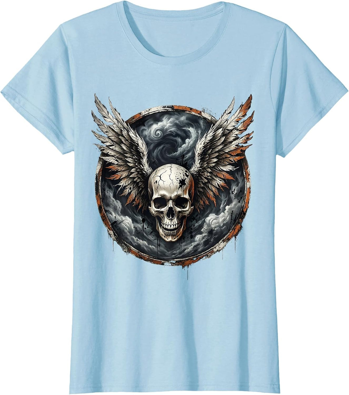 Winged Skull Storm Cloud Rock Graphic Tee T-Shirt - Baby Blue