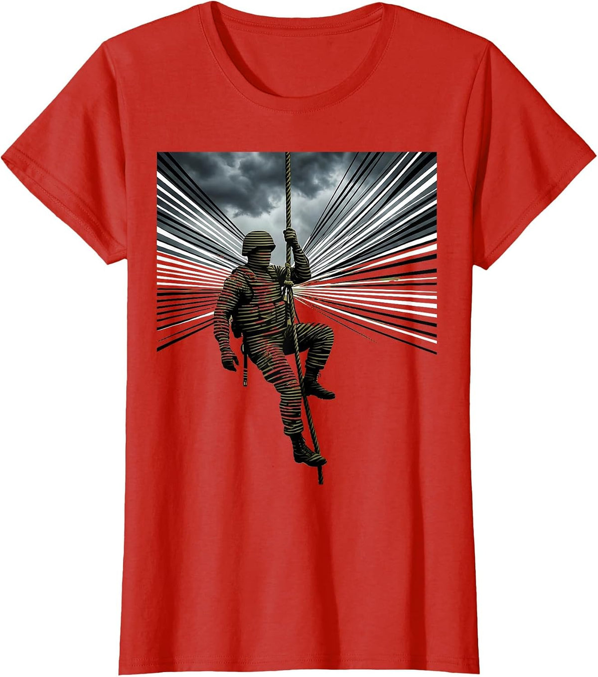 Women's Camo Soldier Climbing Rope Stormy Sky Graphic T-Shirt - Red