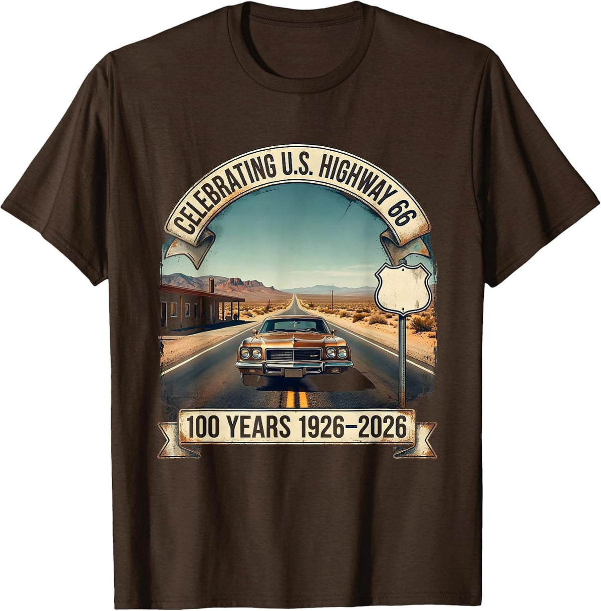Men's Celebrating U.S. Highway 66 100 Years 1926-2026 Vintage T-Shirt - Brown