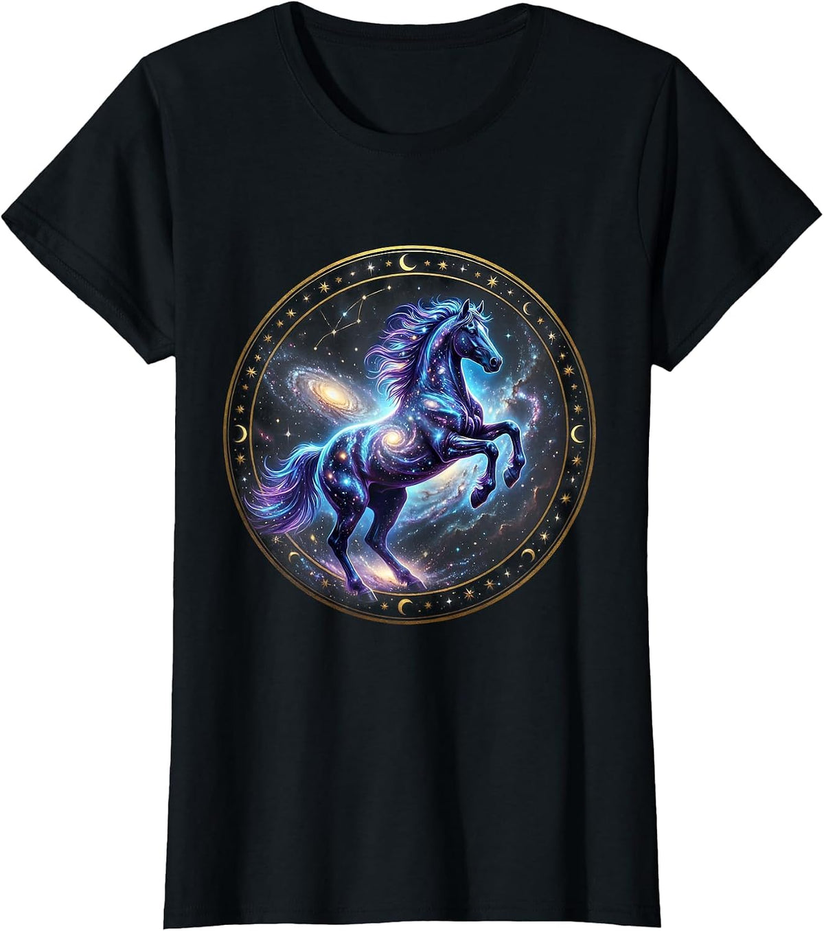 Wild Horse Galloping Through Open Field Design T-Shirt - Black
