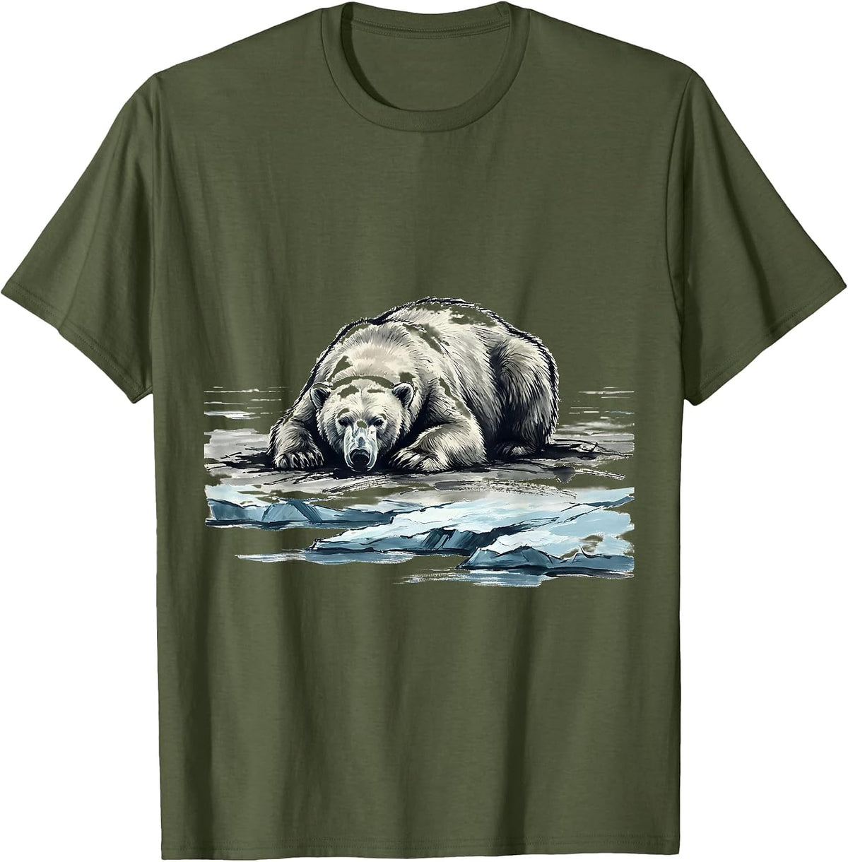 Polar Bear on Melting Ice Floe Illustration T-Shirt - Olive Green