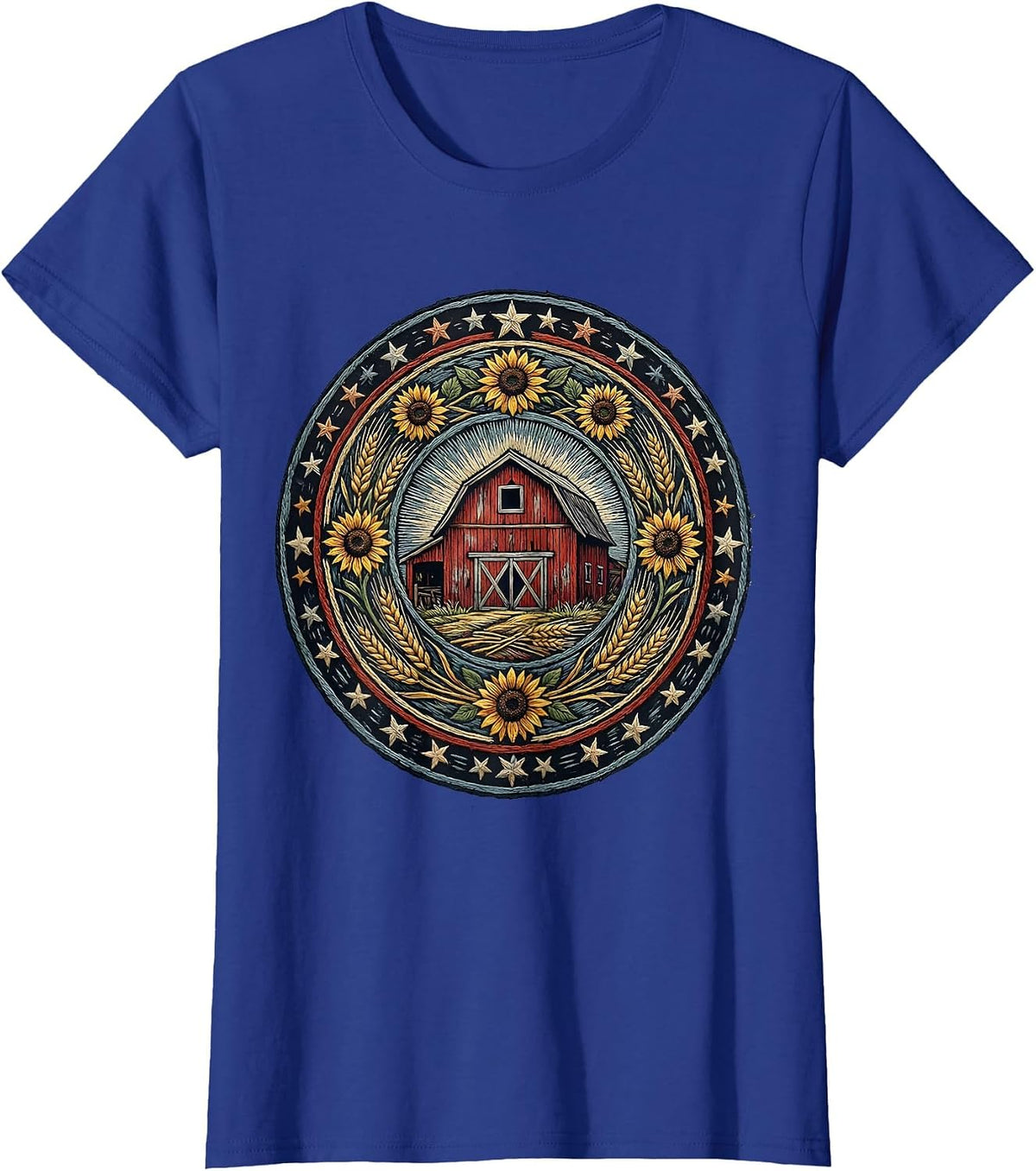 Women's Red Barn Blue Sky Stars Patriotic Country Design T-Shirt - Royal Blue