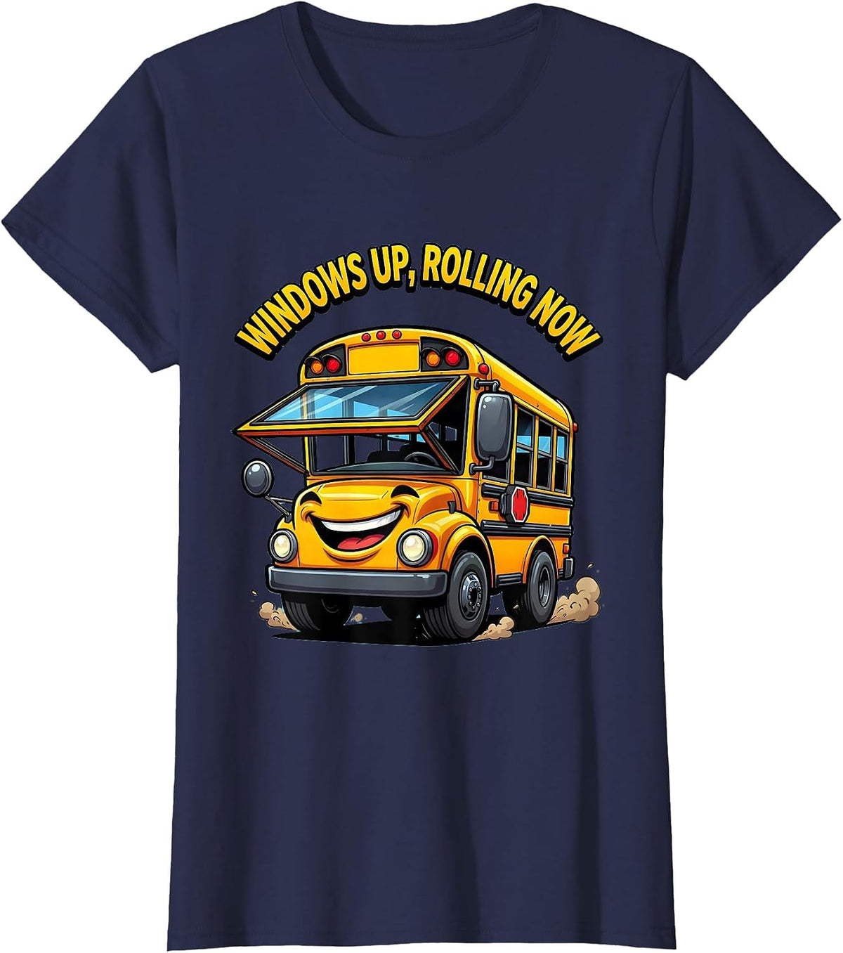 Women's Windows Up Rolling Now Funny School Bus Driver Cartoon T-Shirt - Navy Blue