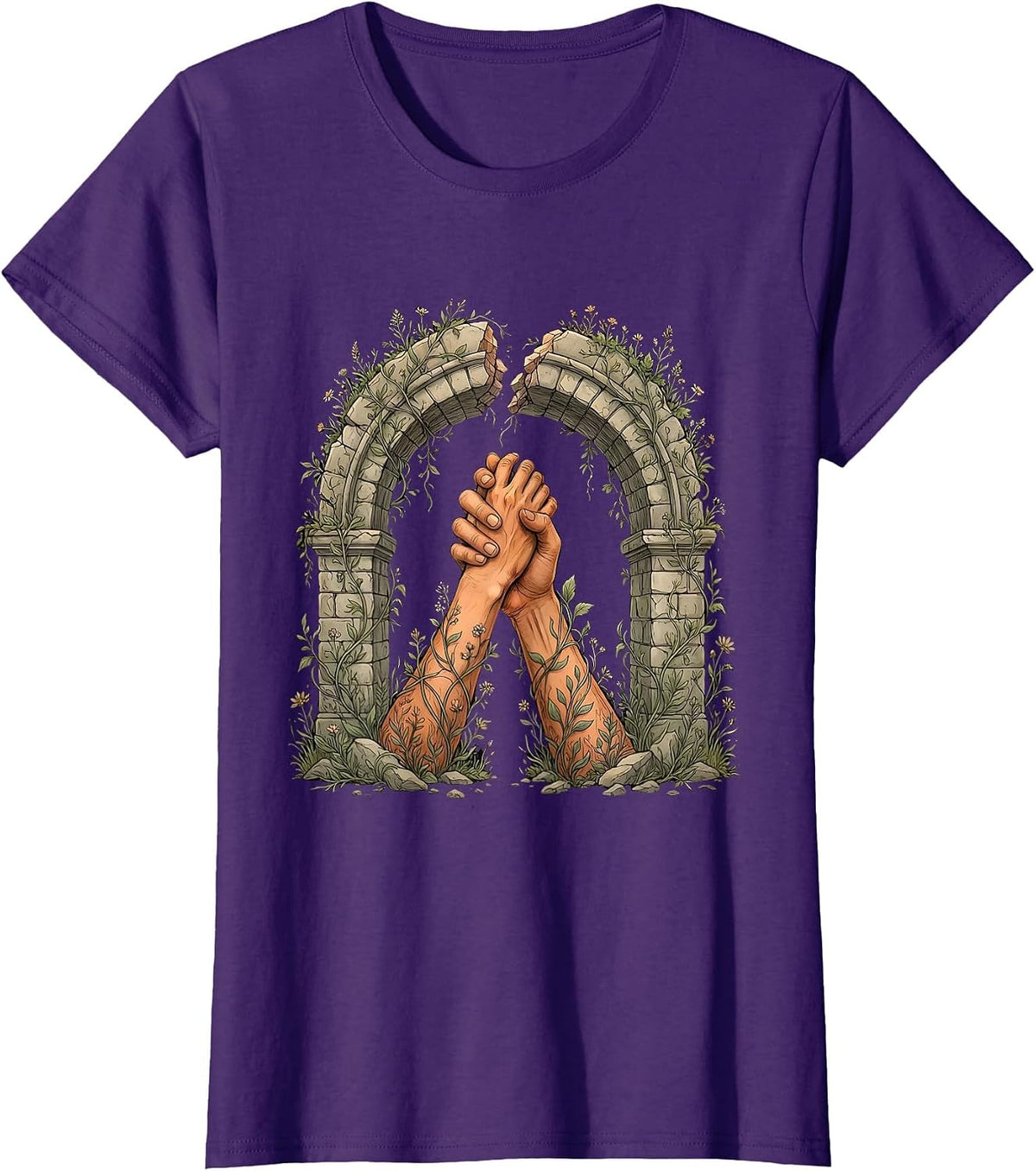 Women's Linked Arms Across a Broken Bridge Unity Design T-Shirt - Purple