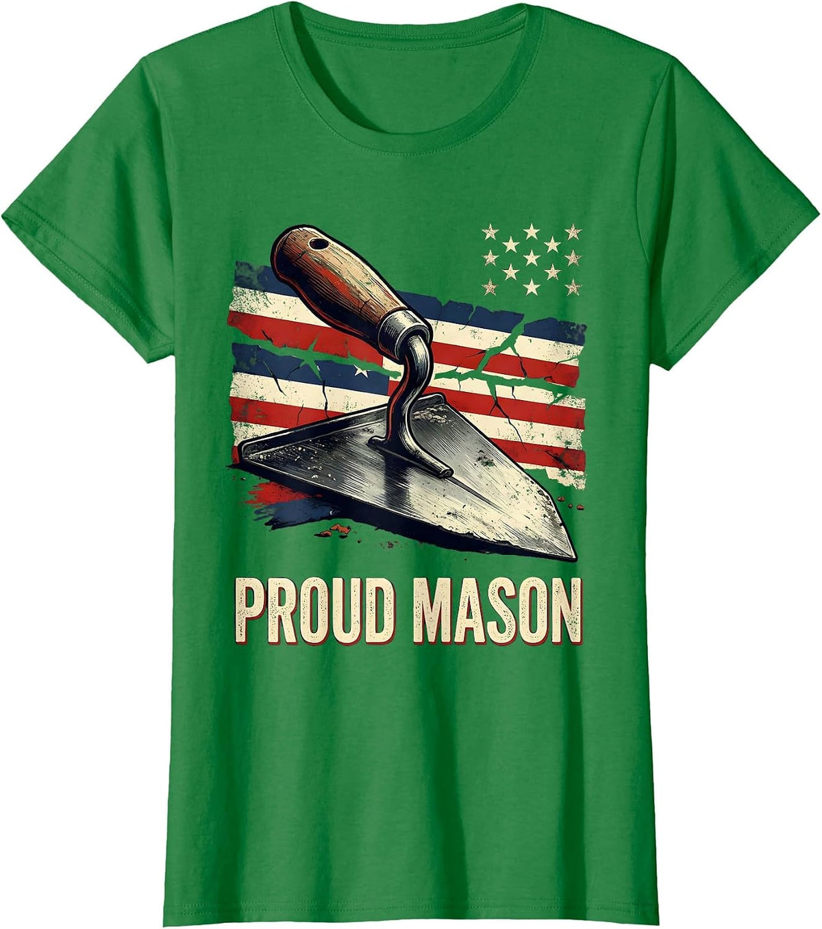 Women's Proud Mason Distressed American Flag Bricklayer T-Shirt - Kelly Green