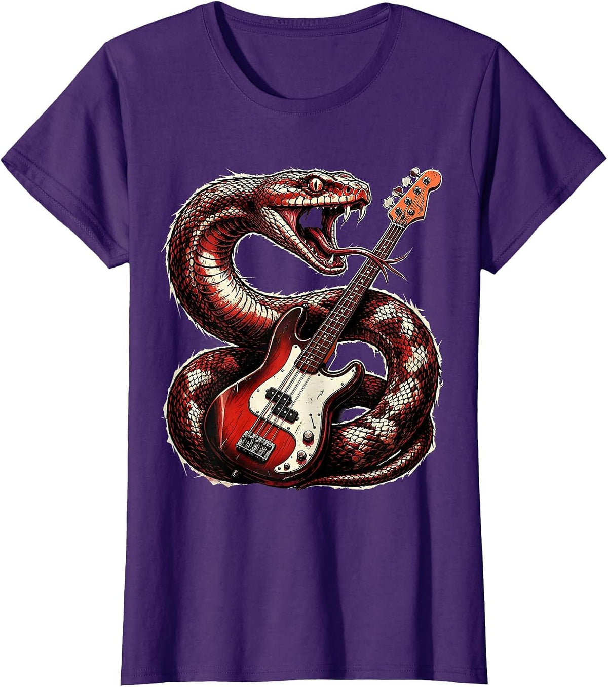 Women's Serpent Coiled Bass Guitar Rock Music Graphic T-Shirt - Purple