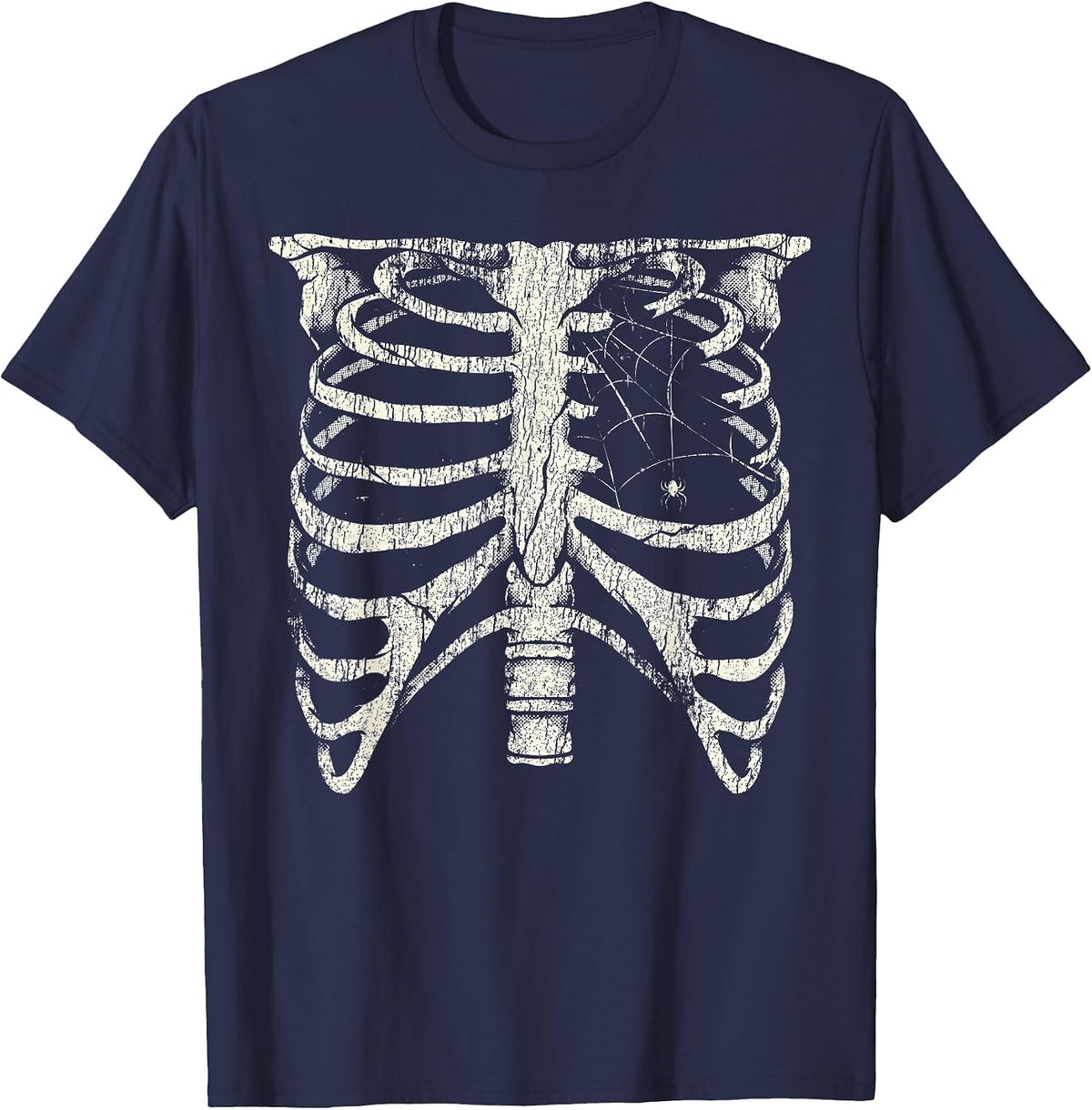 Skeleton Rib Cage Spider Scary Goth Halloween Costume Gothic T-Shirt - Navy Blue