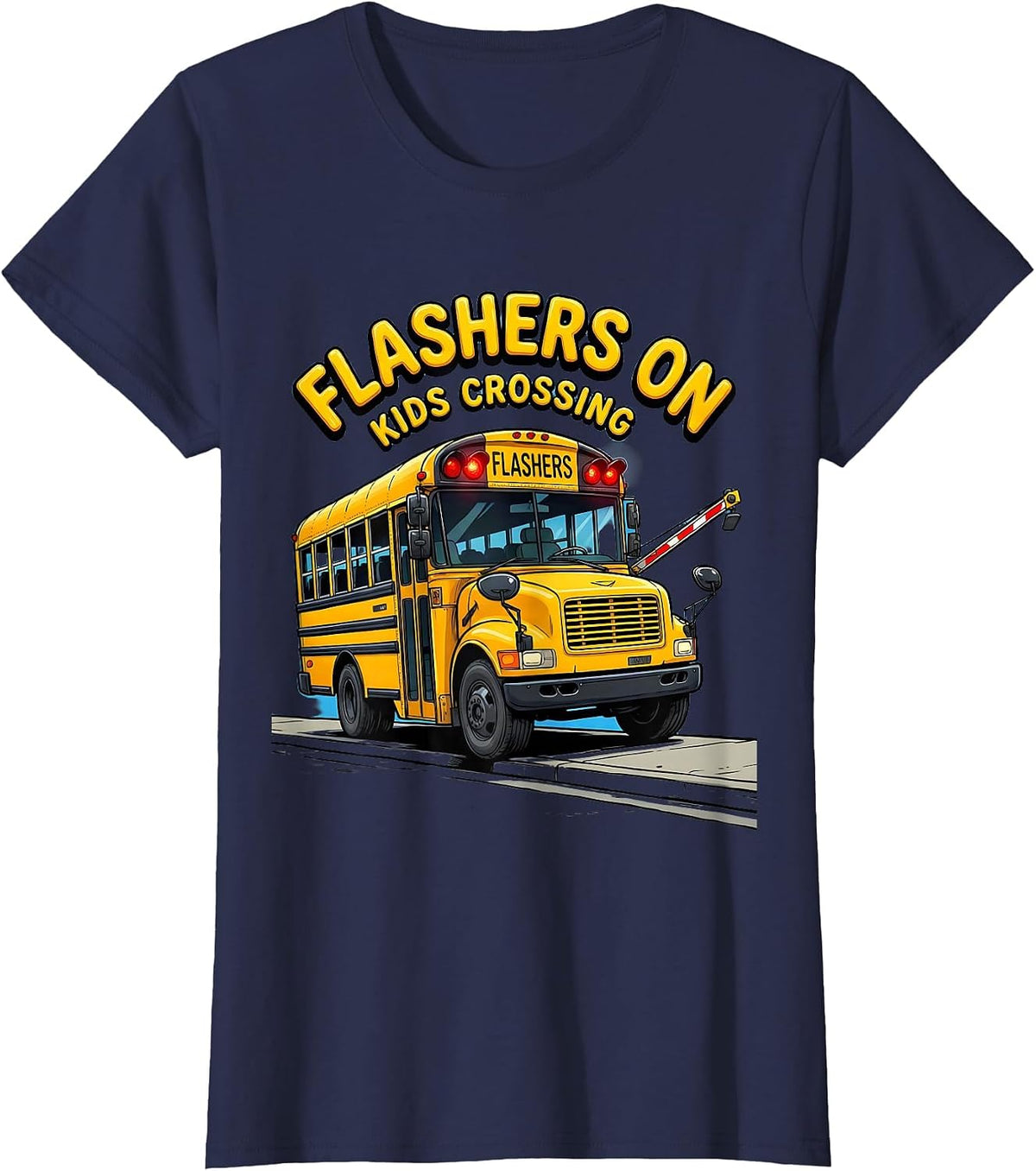 Women's Flashers On, Kids Crossing Funny School Bus Driver Halloween T-Shirt - Navy Blue