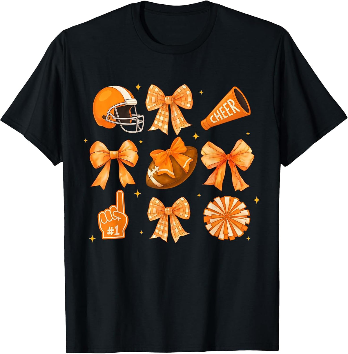 Orange Football Game Day Coquette Bow Touchdown Season T-Shirt - Black