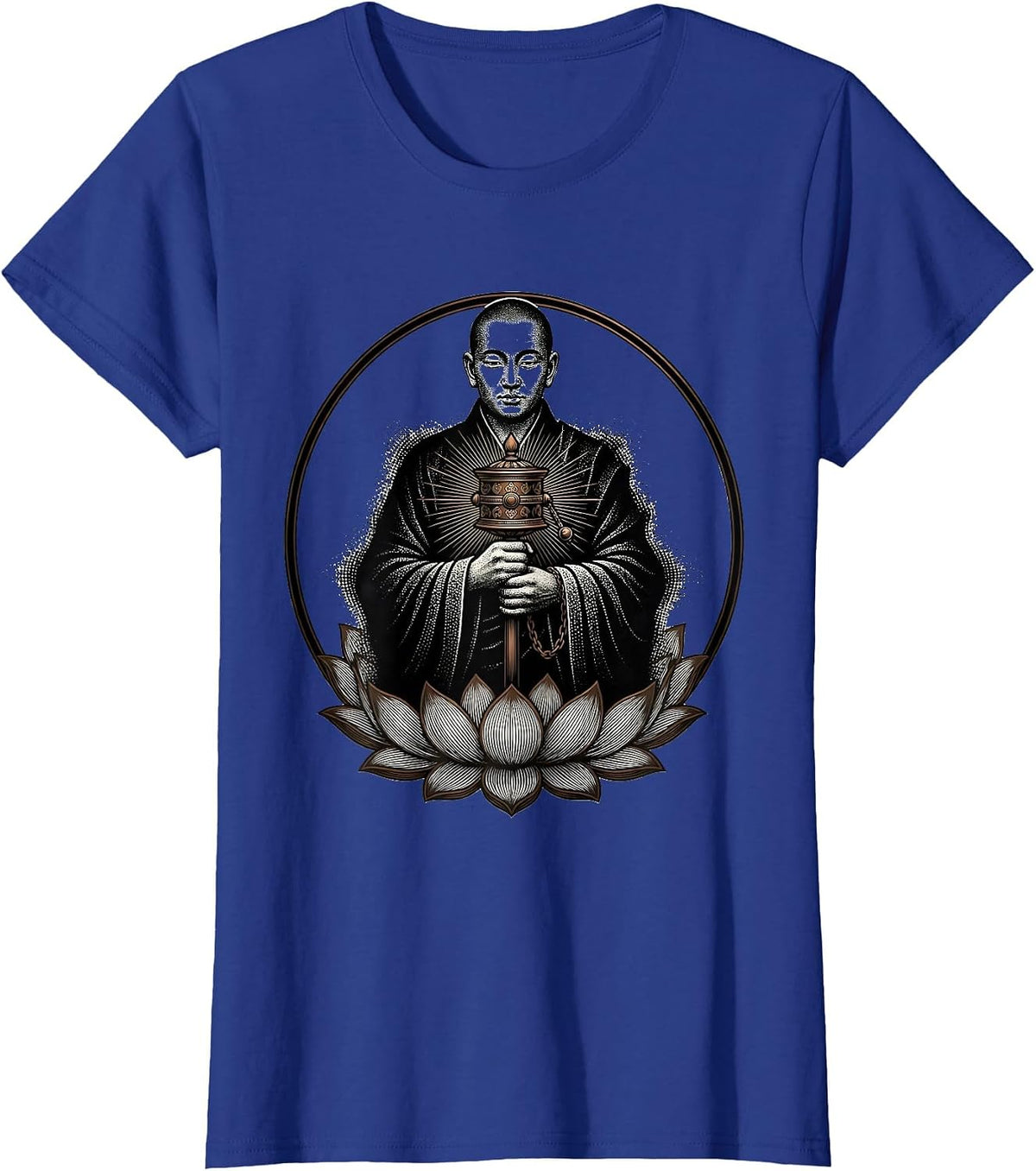 Women's Tibetan Monk with Prayer Wheel Illustration T-Shirt - Royal Blue