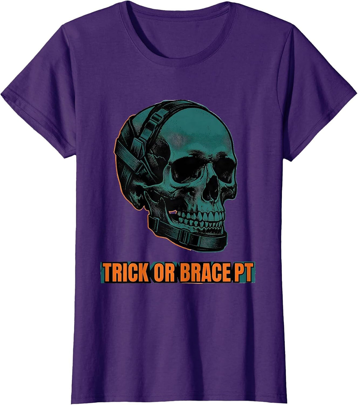 Women's Trick Or Brace PT Funny Physical Therapy Halloween Workwear T-Shirt - Purple