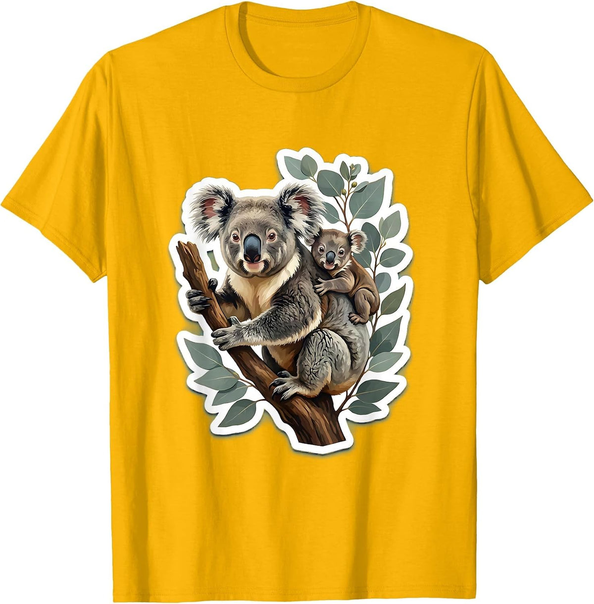 Mother Koala and Baby Clinging to Tree Design T-Shirt - Golden Yellow