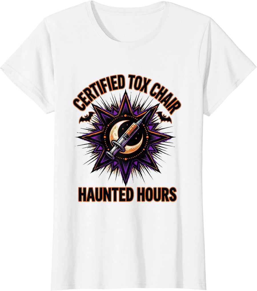Women's Certified Tox Chair Haunted Hours Comic Book Halloween T-Shirt - White