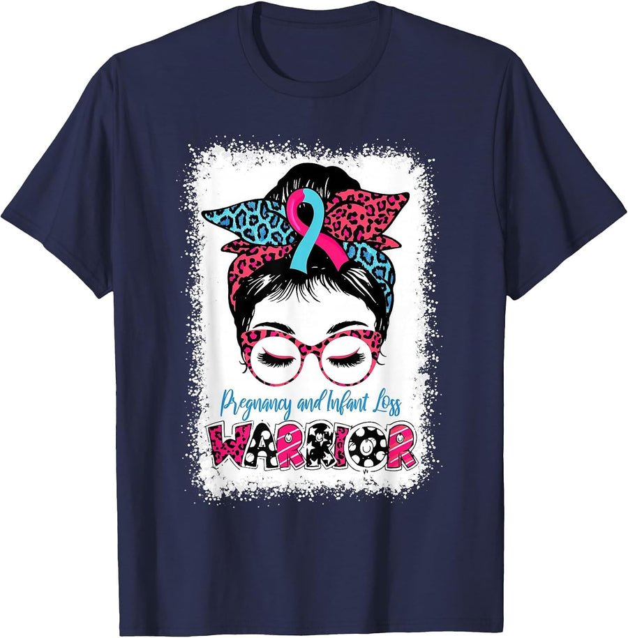 Pregnancy and Baby Loss Awareness for Women Messy Bun Warrior T-Shirt - Navy Blue