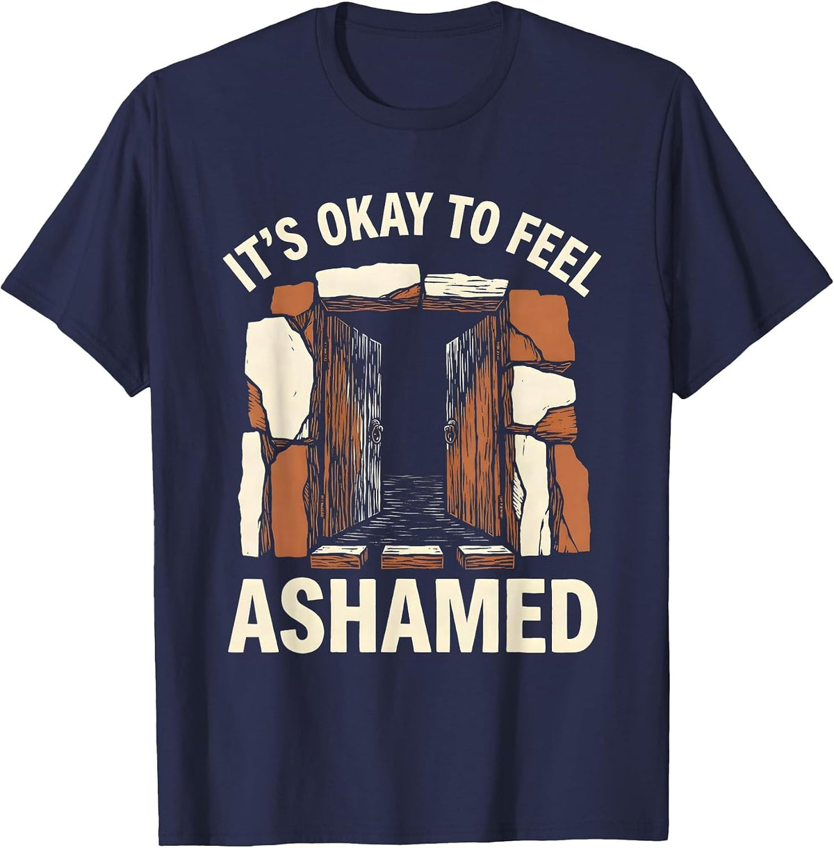 It's Okay To Feel Ashamed Mental Health Awareness Linocut T-Shirt - Navy Blue
