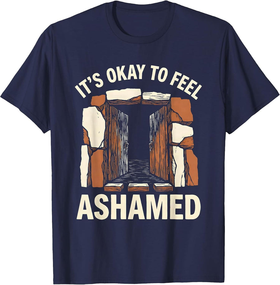 It's Okay To Feel Ashamed Mental Health Awareness Linocut T-Shirt - Navy Blue