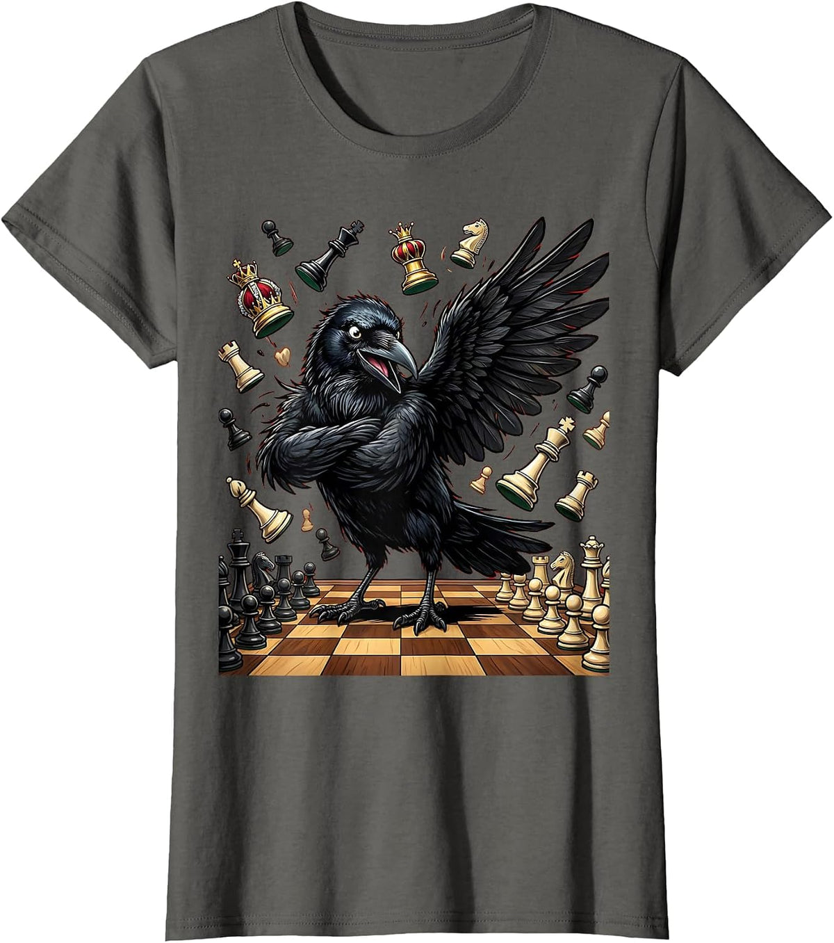 Women's Crow Knocking Chess Pieces Off Board T-Shirt - Asphalt Grey