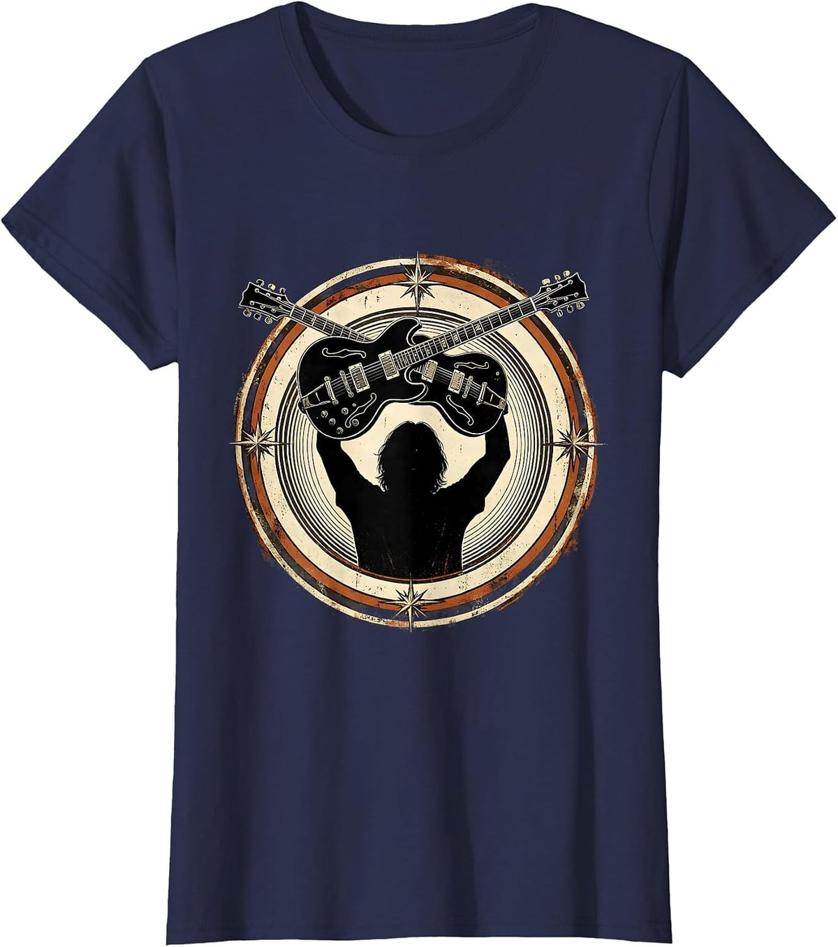 Women's Double-Neck Guitar Silhouette Rock Music Design T-Shirt - Navy Blue