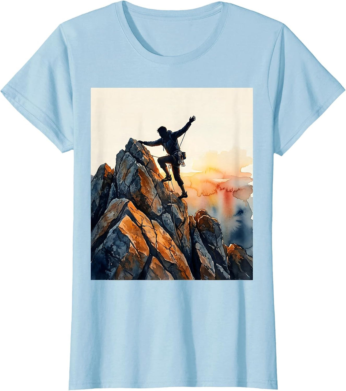 Climber Conquering Rocky Peak Graphic Design T-Shirt - Baby Blue