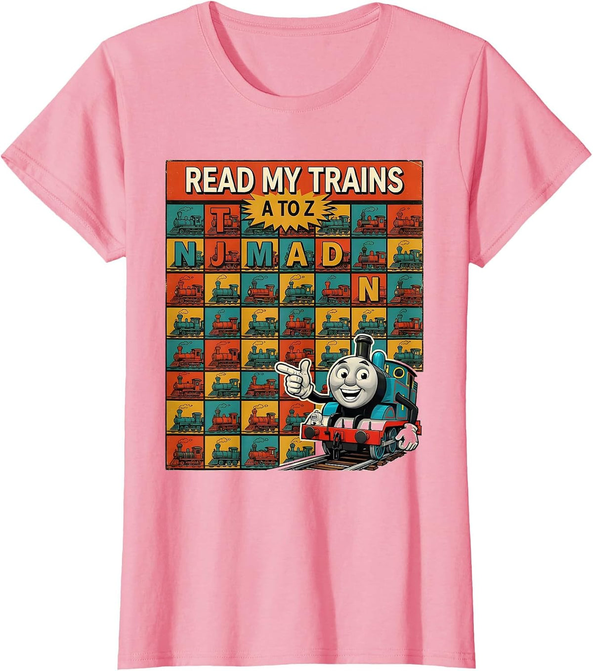 Women's Read My Trains A to Z Retro Alphabet ABC Learning Chart For T-Shirt - Pink