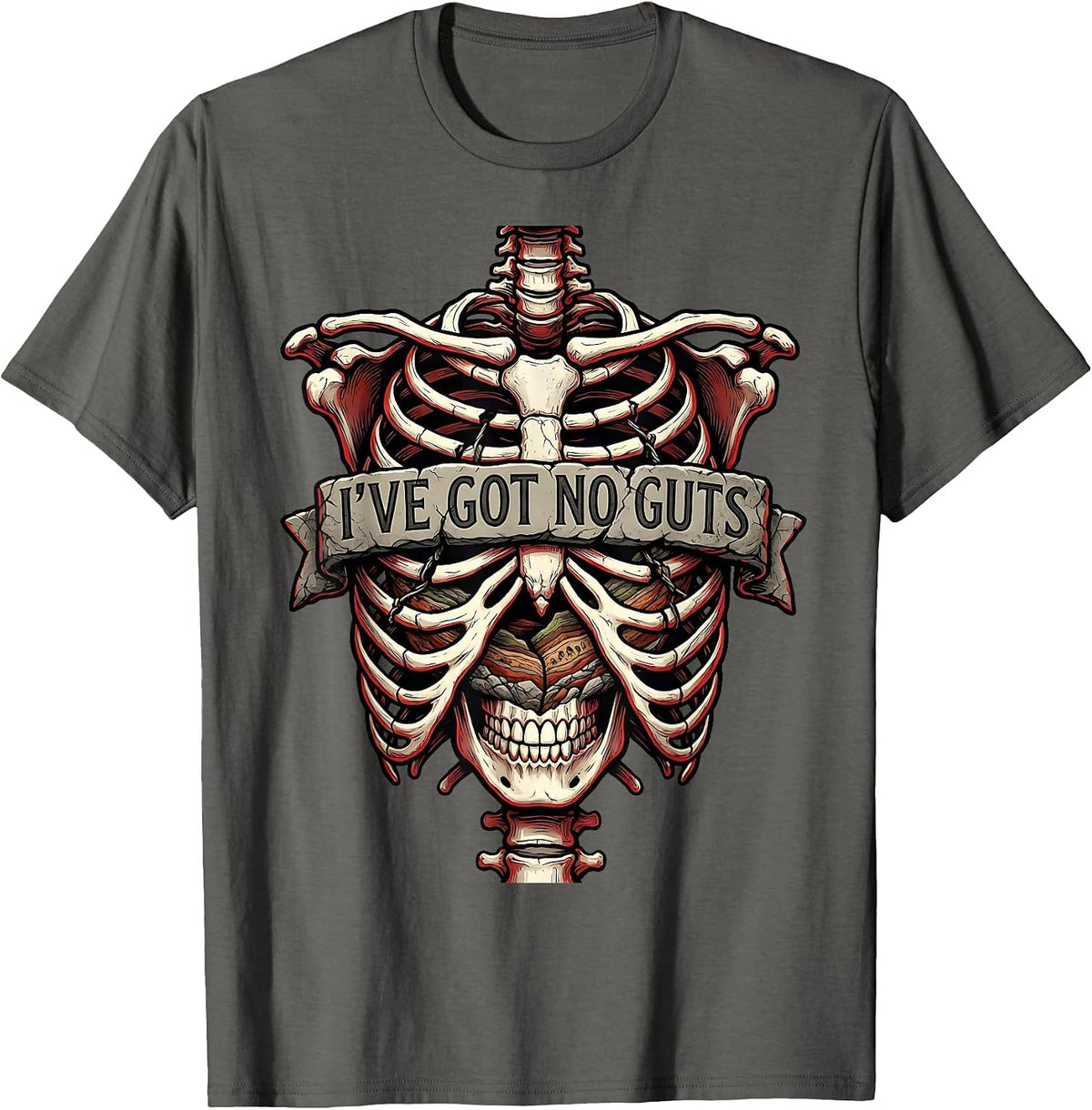 Men's I've Got No Guts Funny Halloween Geology Skeleton T-Shirt - Asphalt Grey