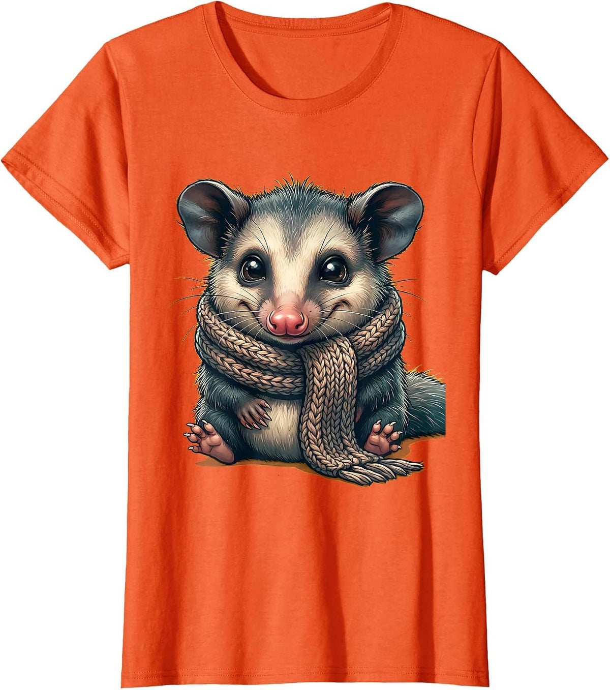 Cozy Opossum Wrapped in Knitted Scarf Graphic T-Shirt - Orange