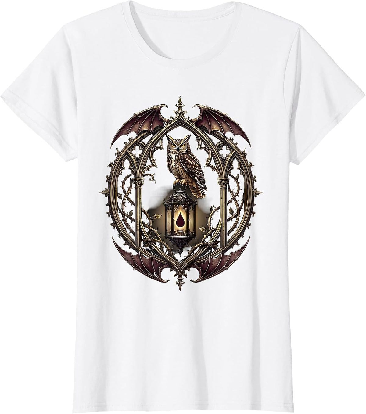 Women's Vintage Halloween Owl with Glowing Eyes on Lantern T-Shirt - White