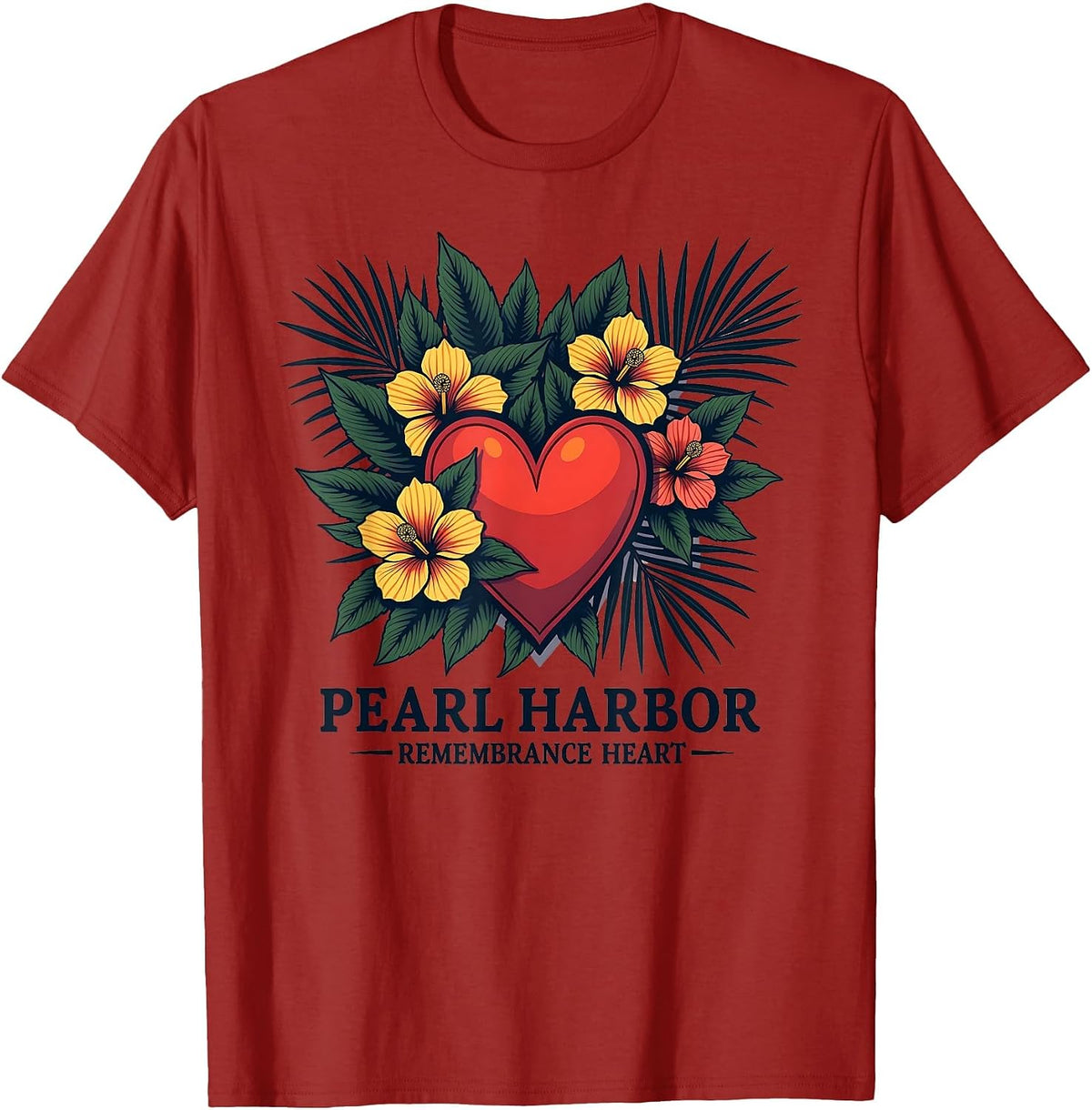 Pearl Harbor Remembrance Heart Tiki Hawaiian Design T-Shirt - Cranberry Red